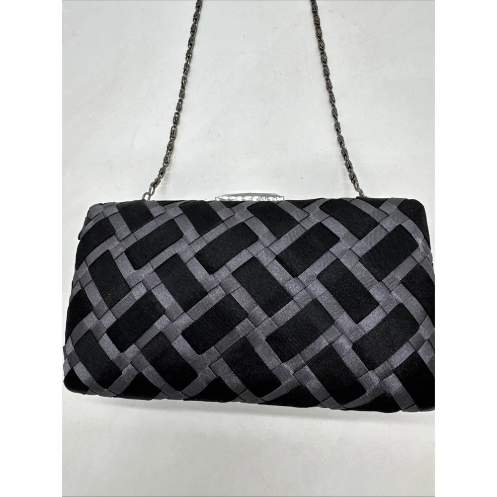 Lulu Townsend Black‎ Gray Evening Purse Chain Strap Fabric Rectangle